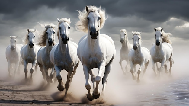 Um grupo de cavalos brancos correndo em uma linha