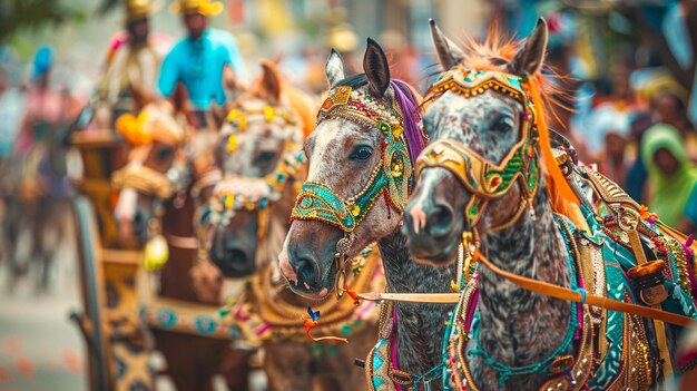 Foto um grupo de cavalos com o número 1 em seu rosto são mostrados