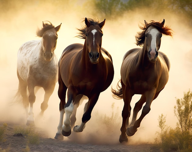 Um grupo de cavalos correndo na terra