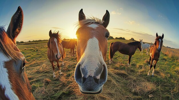 Foto um grupo de cavalos de cores de pelagem variadas estão pacificamente de pé em um campo verde exuberante coberto de grama sob um céu azul claro