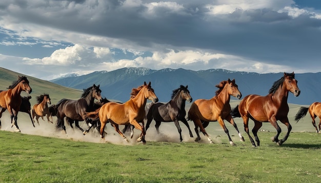 um grupo de cavalos estão correndo em um campo com montanhas ao fundo
