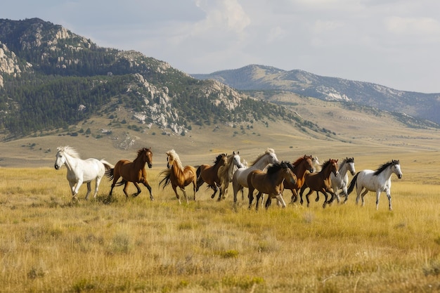 Um grupo de cavalos selvagens a galopar através de um prado