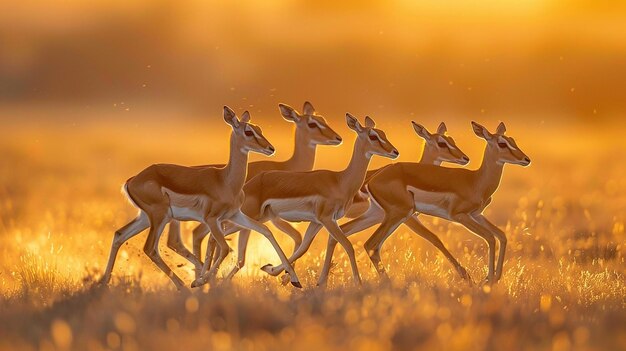 Foto um grupo de cervos correndo na grama no pôr do sol