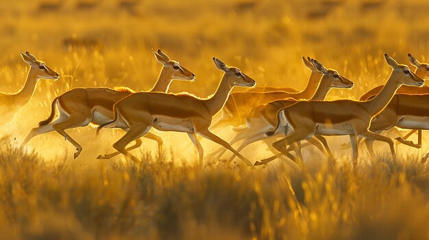 Foto um grupo de cervos correndo por um campo com o sol atrás deles