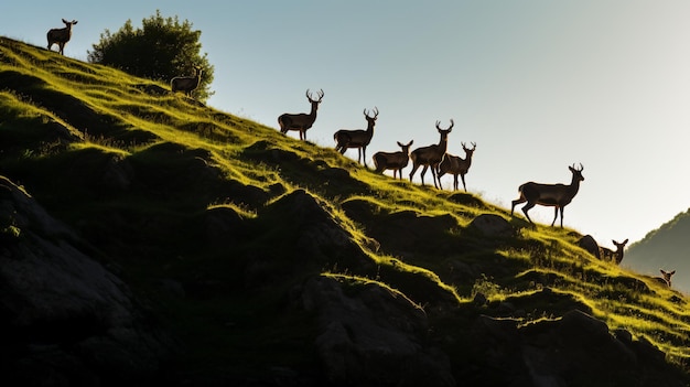 um grupo de cervos em pé no topo de uma encosta coberta de grama