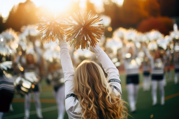 Um grupo de cheerleaders se apresenta em apoio a uma equipe esportiva no campo