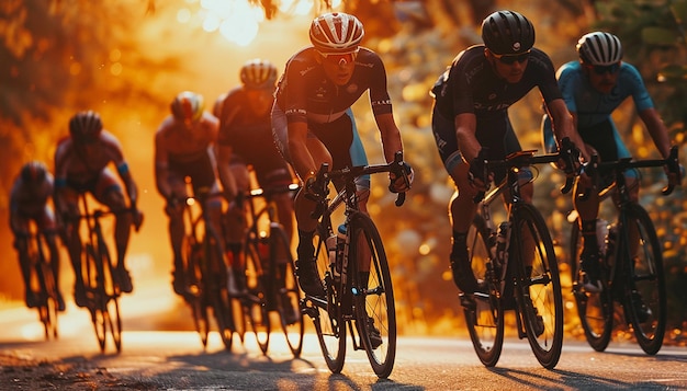 um grupo de ciclistas estão andando por uma estrada com o sol atrás deles