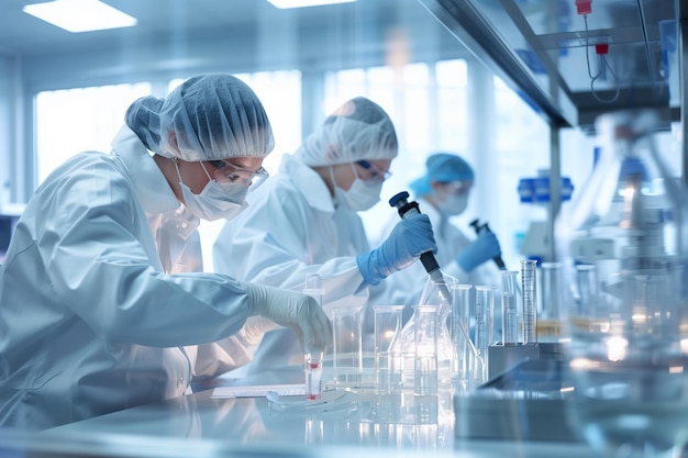 Um grupo de cientistas em casacos brancos de laboratório estão trabalhando em um laboratório