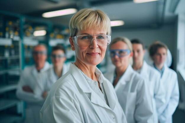 Um grupo de cientistas sorridente num laboratório moderno com uma líder feminina de meia-idade