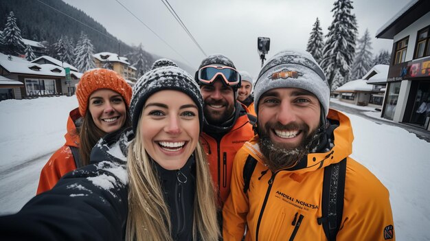 Um grupo de cinco amigos em uma montanha coberta de neve