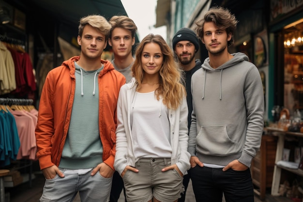 Um grupo de cinco homens e mulheres jovens com capuz posam para uma foto na frente de uma loja. A cena é casual e amigável com o grupo sorrindo e de pé perto um do outro.