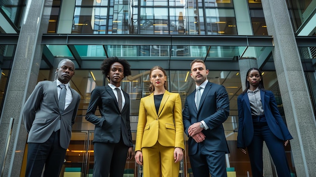 Um grupo de cinco profissionais de negócios posando em frente a um edifício de escritórios moderno. Todos eles estão vestindo ternos ou trajes formais de negócios.