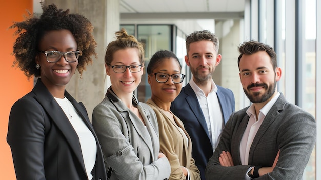 Foto um grupo de cinco profissionais de negócios posando para uma foto eles estão todos sorrindo e vestindo trajes de negócios casuais