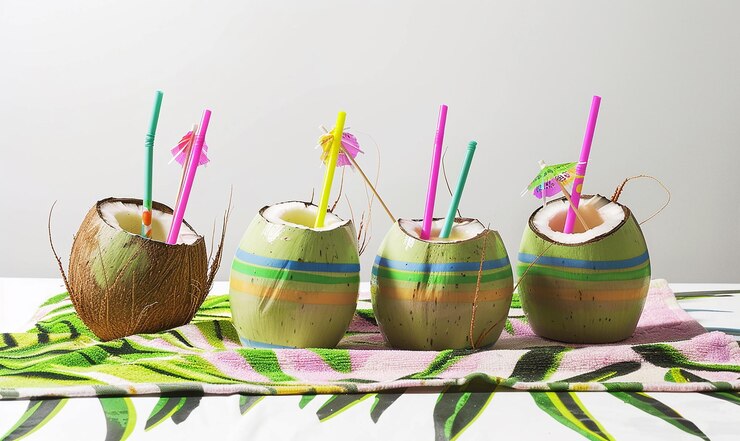 Foto um grupo de cocos estão alinhados em uma mesa com palhinhas e palhinhas