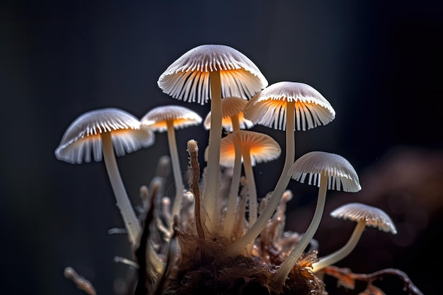 Um grupo de cogumelos com tampas laranja e brancas e listras brancas na parte inferior.