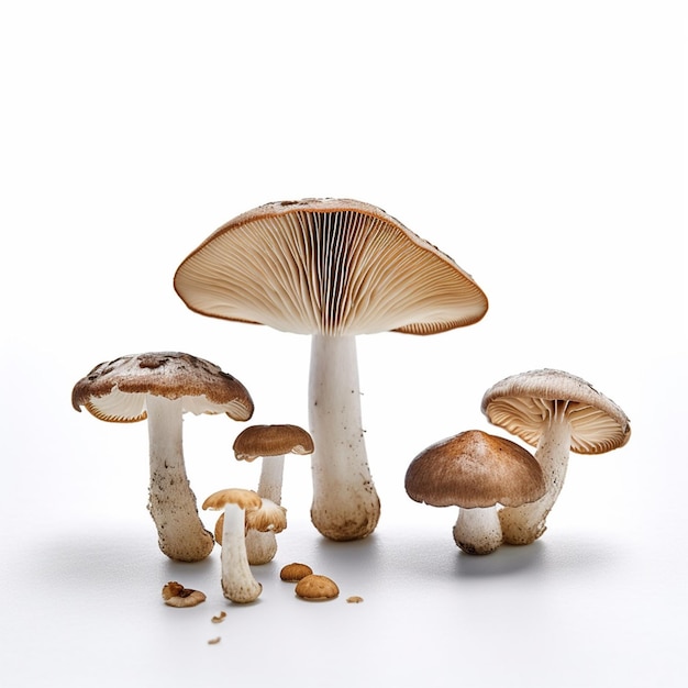Um grupo de cogumelos é mostrado com alguns amendoins na mesa.