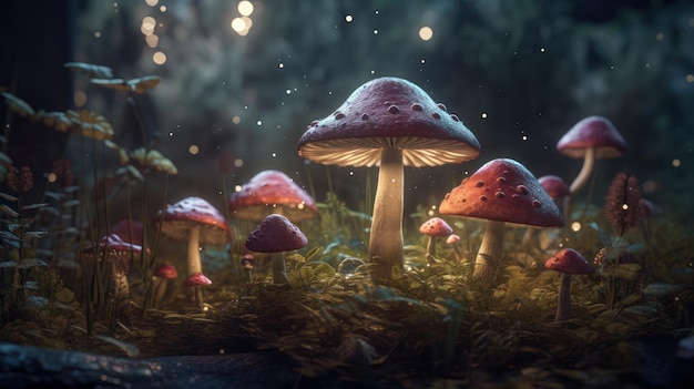 Um grupo de cogumelos em uma floresta com uma luz ao fundo