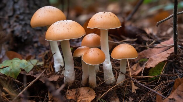 Um grupo de cogumelos está crescendo na floresta.