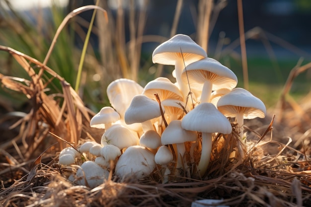 Um grupo de cogumelos sentados em cima de grama seca Imagem digital