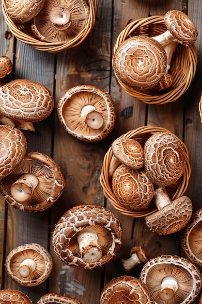 Um grupo de cogumelos Shiitake frescos numa cesta de vime