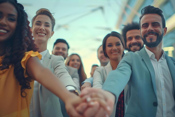 Um grupo de colegas de negócios felizes de mãos dadas em unidade depois de um trabalho bem-sucedido há pessoas em