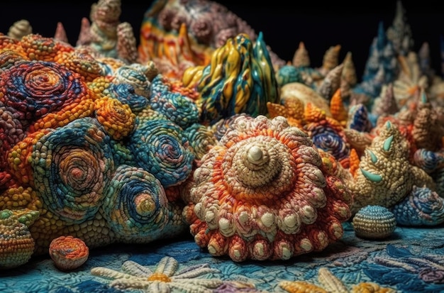 Um grupo de conchas coloridas está sobre uma mesa.