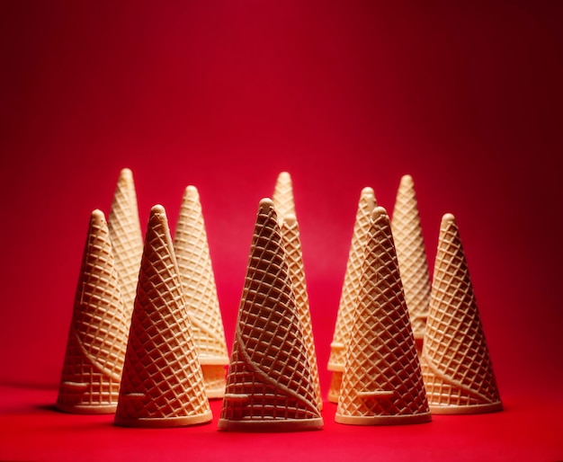 Foto um grupo de cones de waffles vazios em fundo vermelho