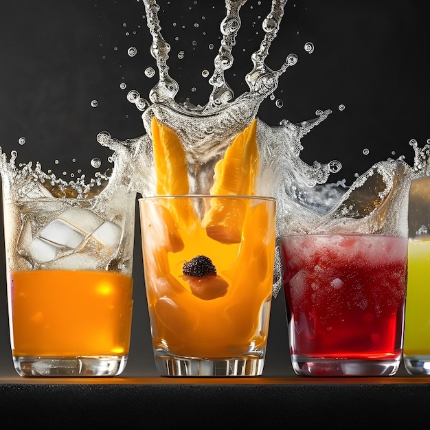 Foto um grupo de copos com bebidas diferentes e um deles tem uma amora nele.