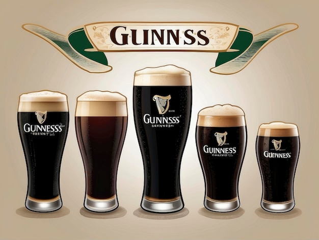 um grupo de copos de cerveja Guinness com uma bandeira acima deles que diz Guinness