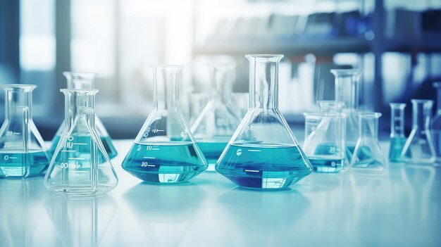 Um grupo de copos de laboratório são colocados sobre a mesa