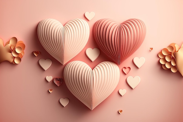Um grupo de corações de papel em uma IA generativa de fundo rosa