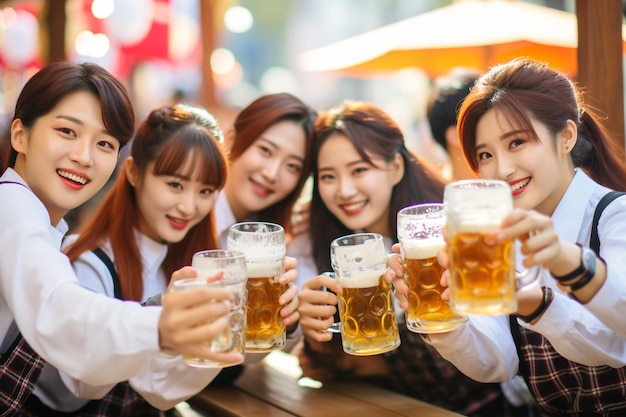 Um grupo de coreanos felizes bate suas canecas de cerveja celebrando a atmosfera festiva de