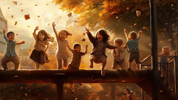 Um grupo de crianças a brincar numa ponte com as palavras " alegria " na parte de baixo.