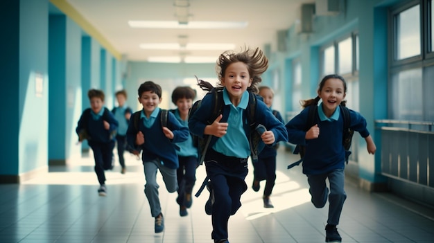 Foto um grupo de crianças a correr numa escola com a palavra escola na parede.