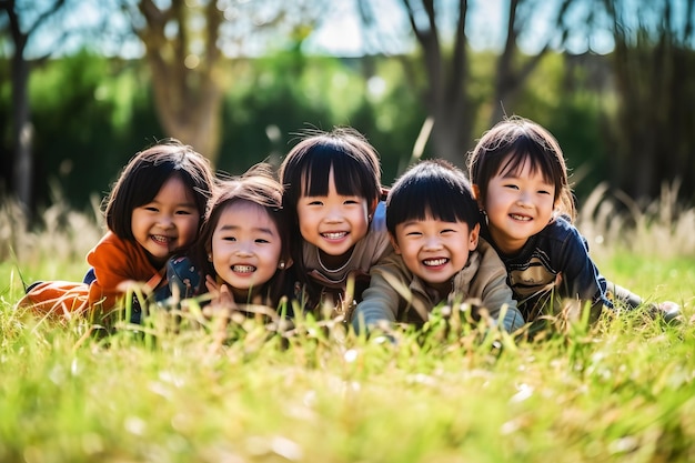 Um grupo de crianças asiáticas alegremente brincando juntas Feliz Dia das Crianças