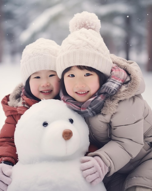 Um grupo de crianças asiáticas fazendo um boneco de neve