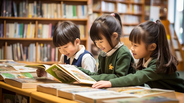 Um grupo de crianças asiáticas lendo livros na biblioteca da escola com uma prateleira de livros em fundo Conceito de Educação de Crianças Asiáticas