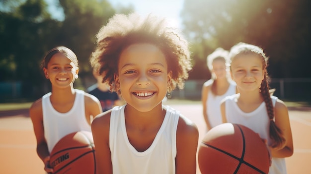 Foto um grupo de crianças bonitas jogando basquete e olhando para a câmera no campo de esportes em um dia ensolarado acampamento de verão