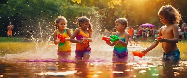 Um grupo de crianças brincando com armas de água e água colorida durante Holi