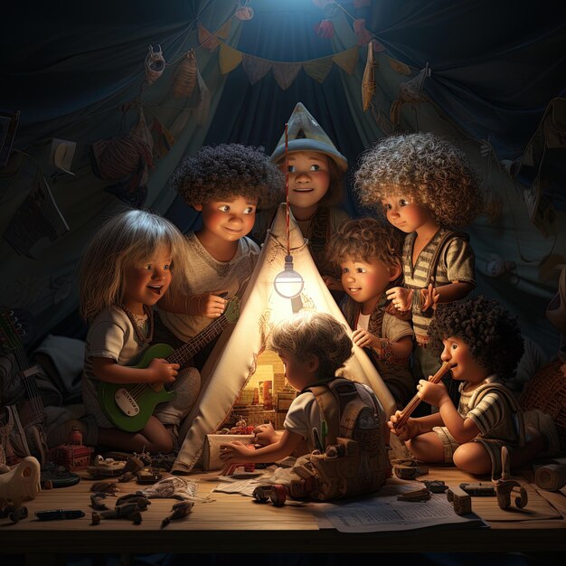 um grupo de crianças brincando com uma lâmpada na frente de uma tenda