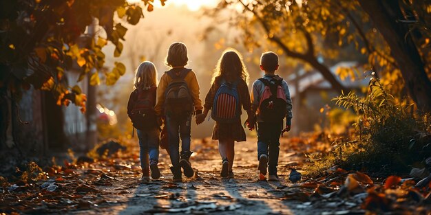 Um grupo de crianças caminha para a escola juntos em Sunrise Alunos da Escola Primária no primeiro dia