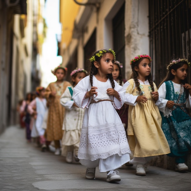 Um grupo de crianças caminha por uma rua usando vestidos com flores.