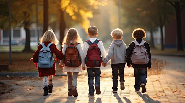 Um grupo de crianças caminhava juntos em amizade Primeiro dia de aula No primeiro dia de abertura da escola