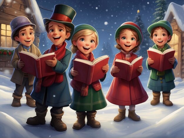 um grupo de crianças cantando em uma aldeia coberta de neve à noite com uma árvore de Natal
