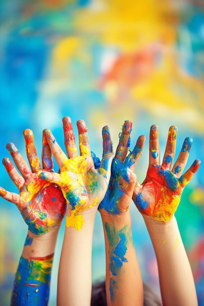 Foto um grupo de crianças com as mãos pintadas com tinta