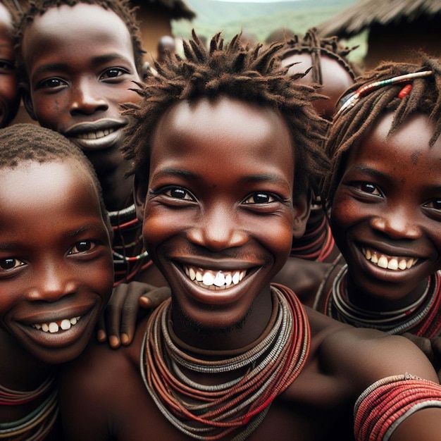 Foto um grupo de crianças com barbas pretas e sorrisos que dizem feliz