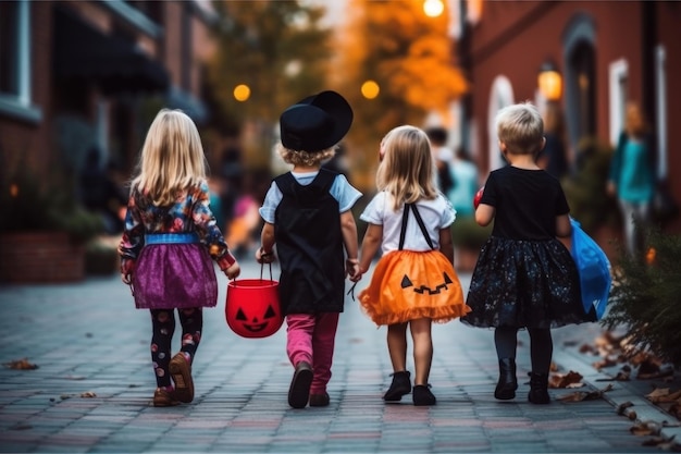 um grupo de crianças com fantasias de Halloween caminha por uma rua.