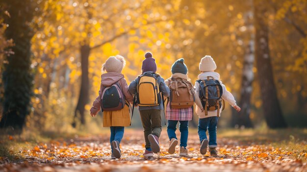 Um grupo de crianças com mochilas correndo em um parque de outono em um dia ensolarado
