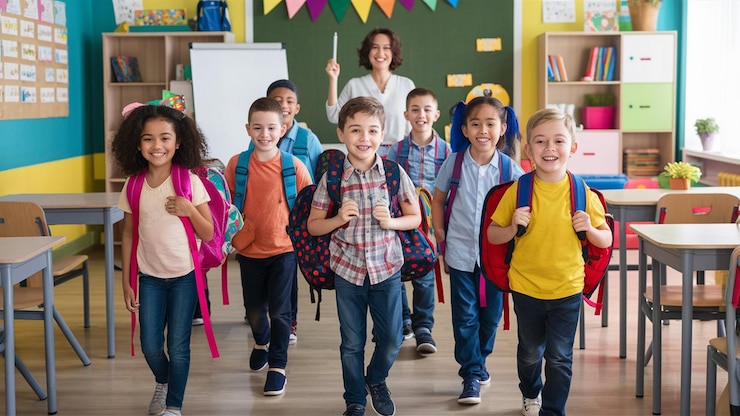 Foto um grupo de crianças com mochilas e mochilas caminhando em uma sala de aula