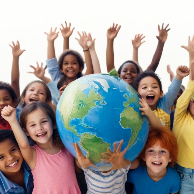 Um grupo de crianças com o mundo à sua volta.